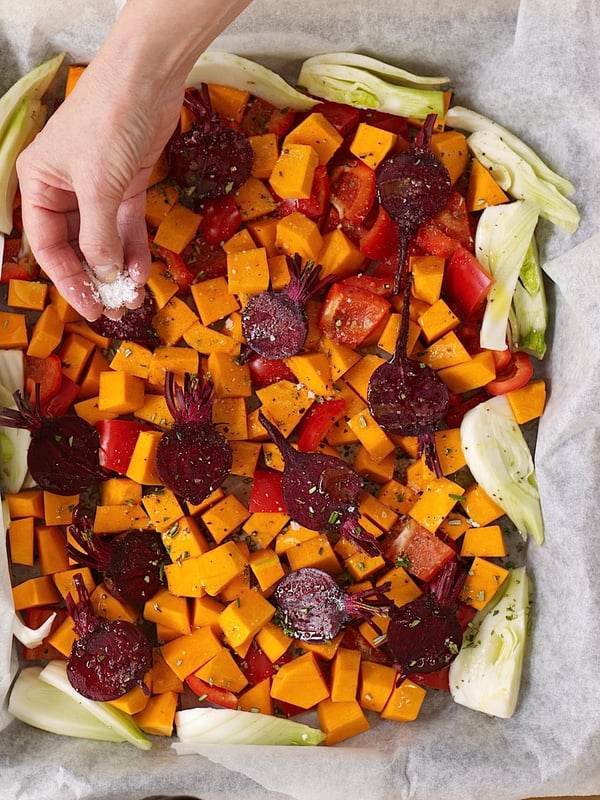 Baked vege with sizzled haloumi