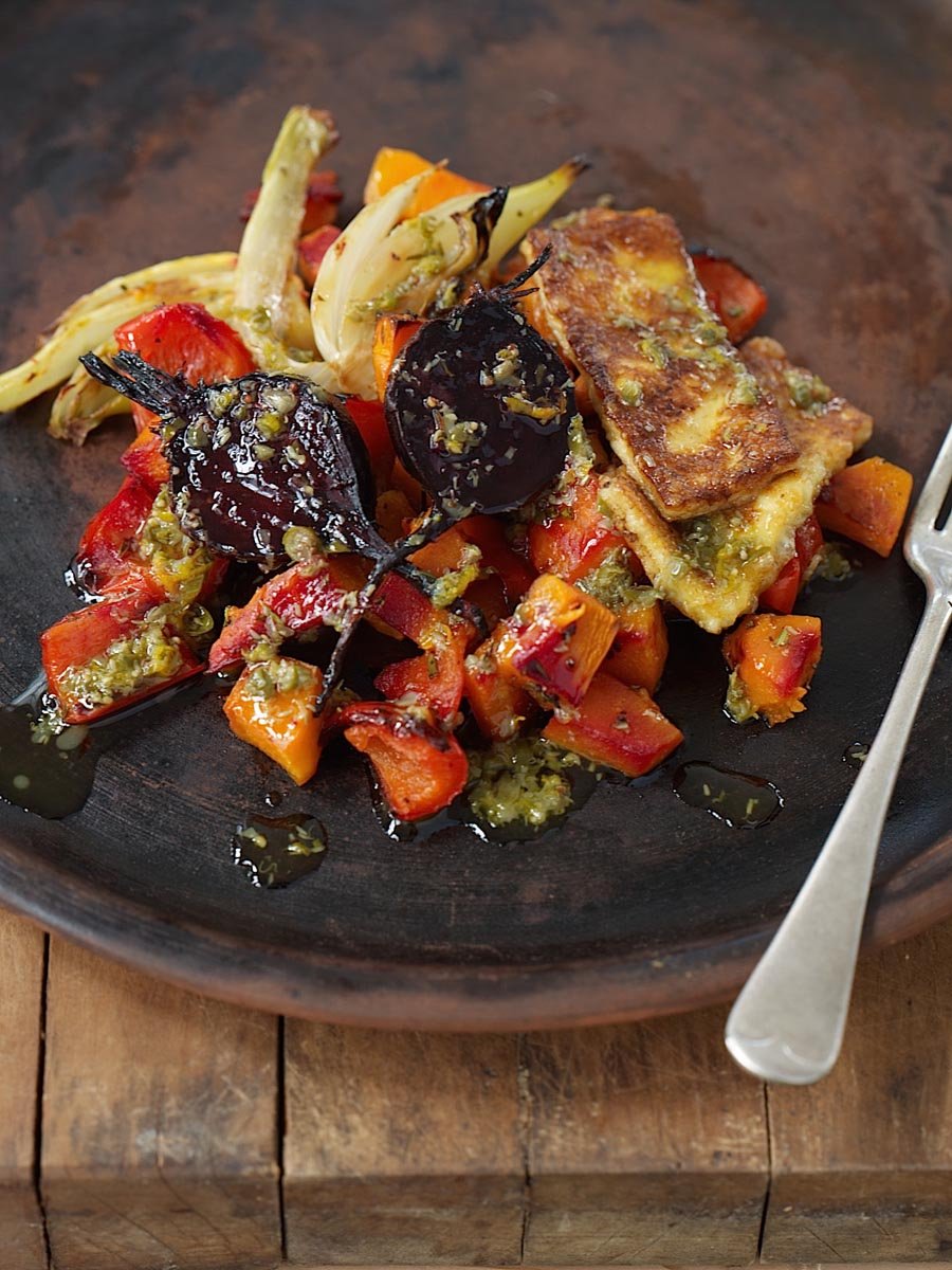 Baked vegetables with sizzled haloumi