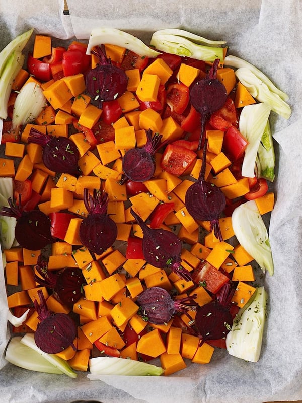 Baked vegetables with sizzled haloumi