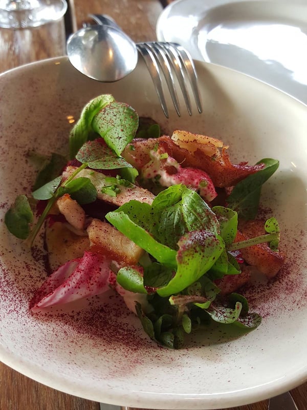 Smoked eel, rye-caraway noodles, beetroot