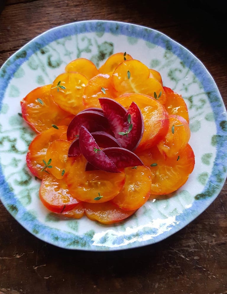 Yellow tomato & blackboy peach salad
