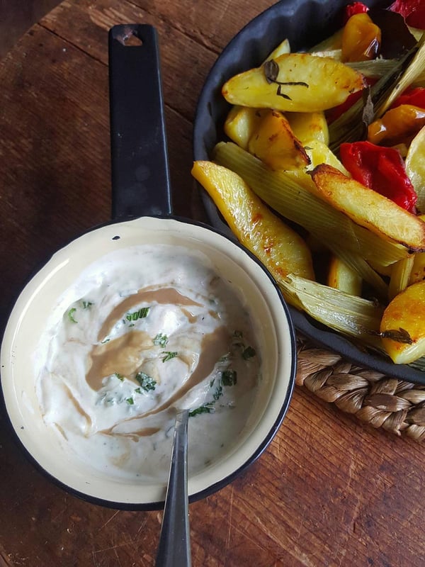 Vegetable Tray Bake with Tahini Yoghurt Sauce