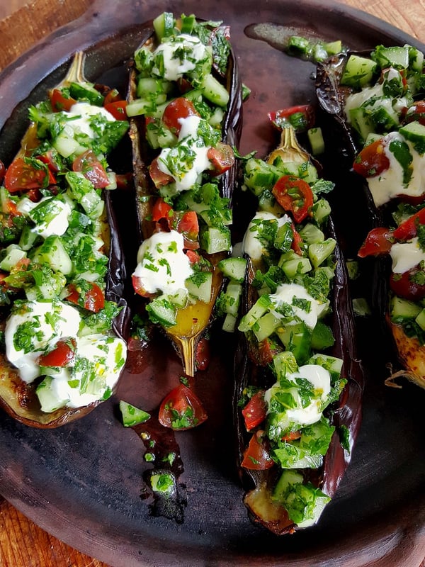 Eggplant with Cucumber & Tomato Salad