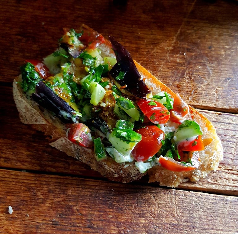 Eggplant with Cucumber & Tomato Salad
