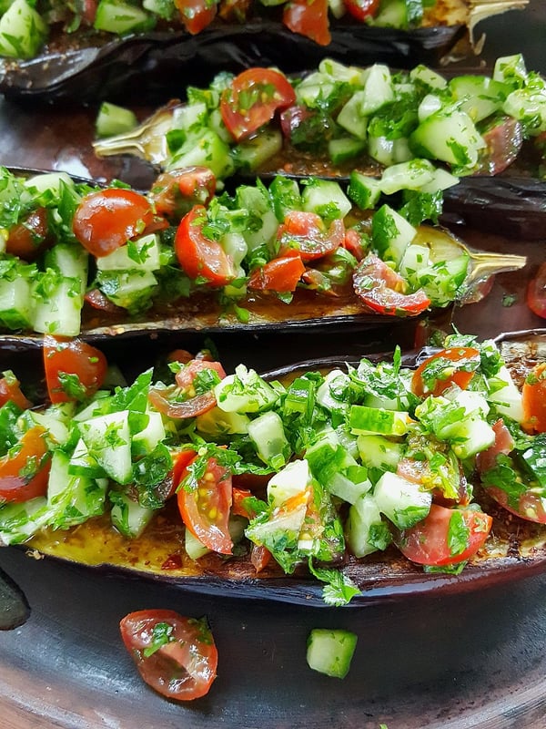 Eggplant with Cucumber & Tomato Salad