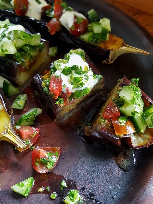 Eggplant with Cucumber & Tomato Salad