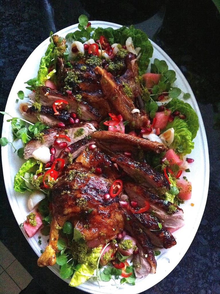Crispy-skinned Roast Duck with Lychee & Watermelon Salad