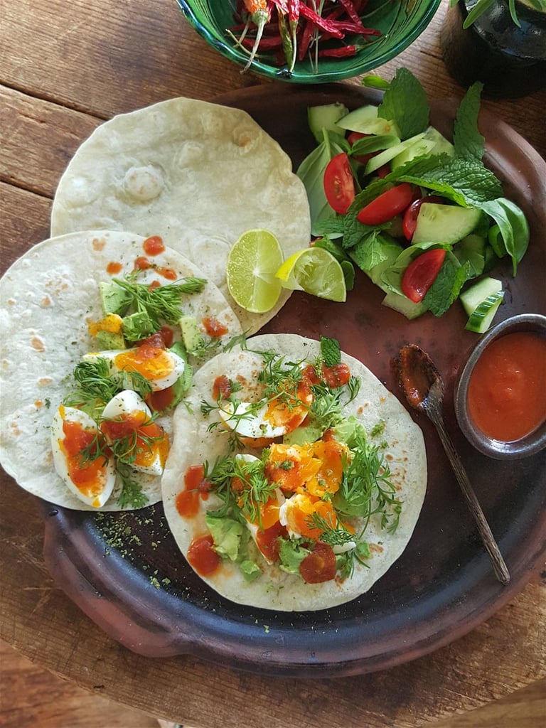 Soft wheat tortillas with eggs & avo