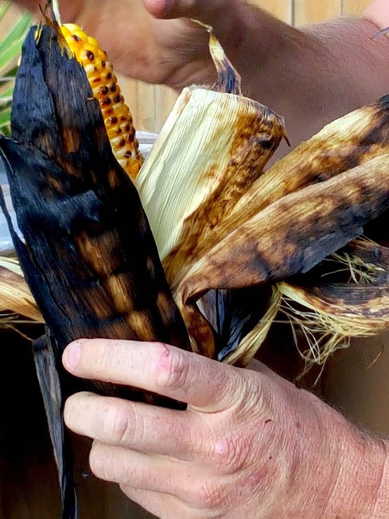 Caramelised sweet corn cooked on the barbecue.