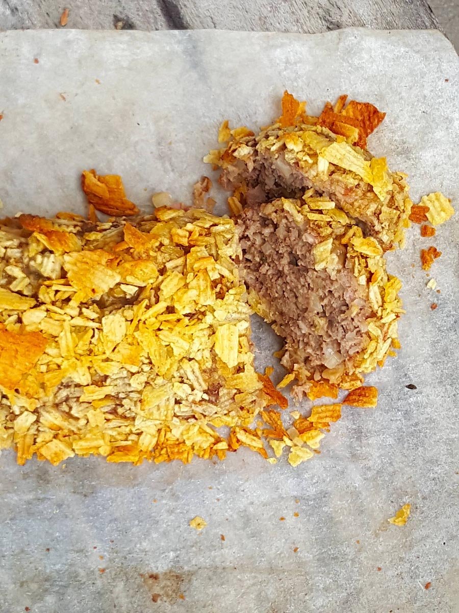 Crumbly Meatloaf rolled in potato crisps