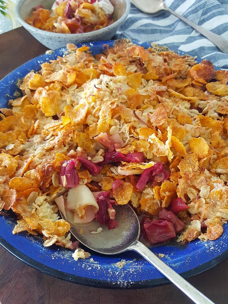 Layering up rhubarb & apple for crumble crisp