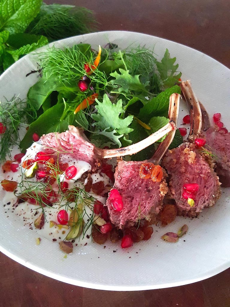 Stunning lamb rack with cardamom, pistachio & pomegranate