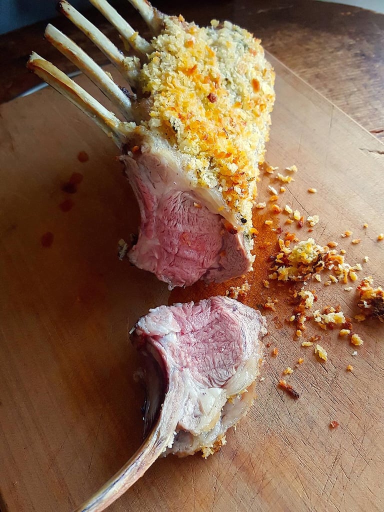 Crusted Lamb Racks with Roasted Grapes