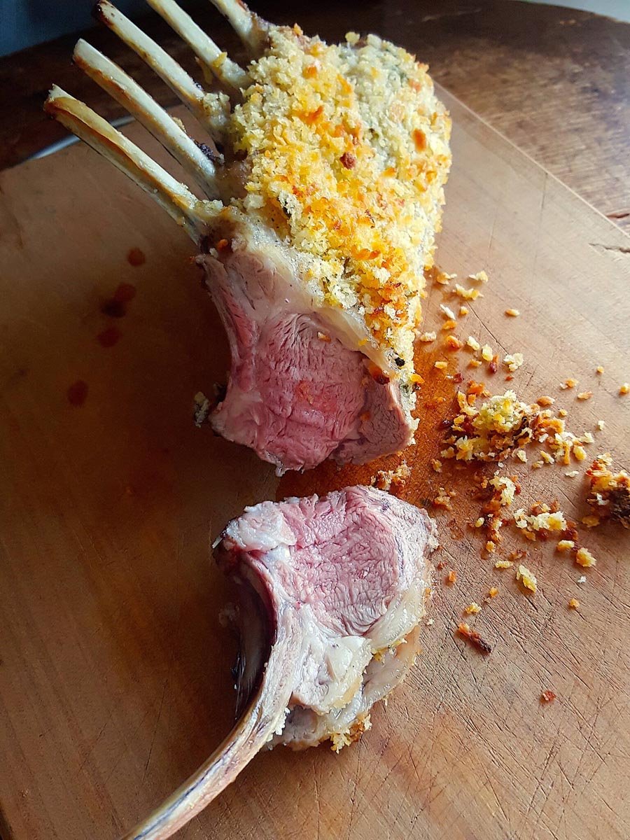Crusted Lamb Racks with Roasted Grapes
