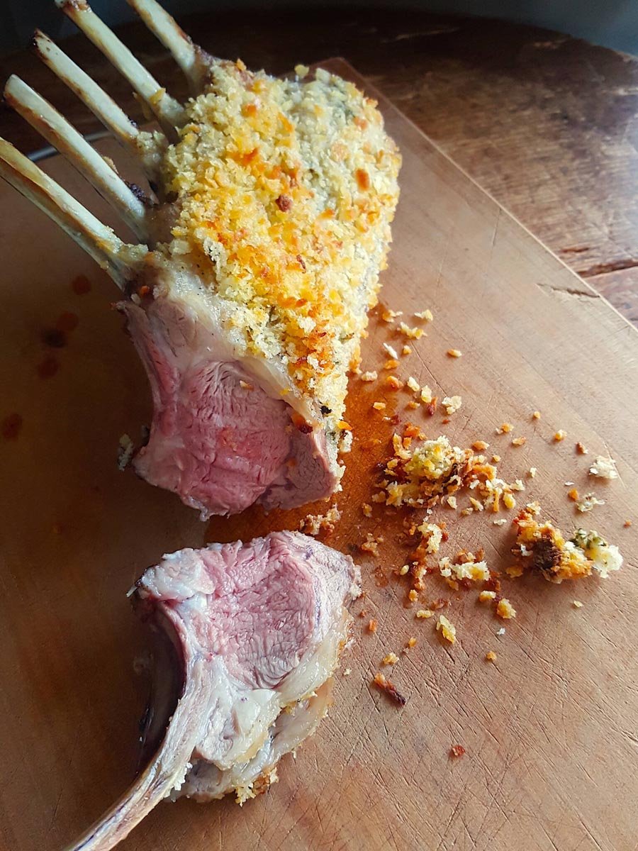 Crusted Lamb Racks with Roasted Grapes