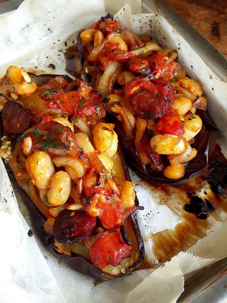 Eggplants Stuffed with White Beans & Chorizo