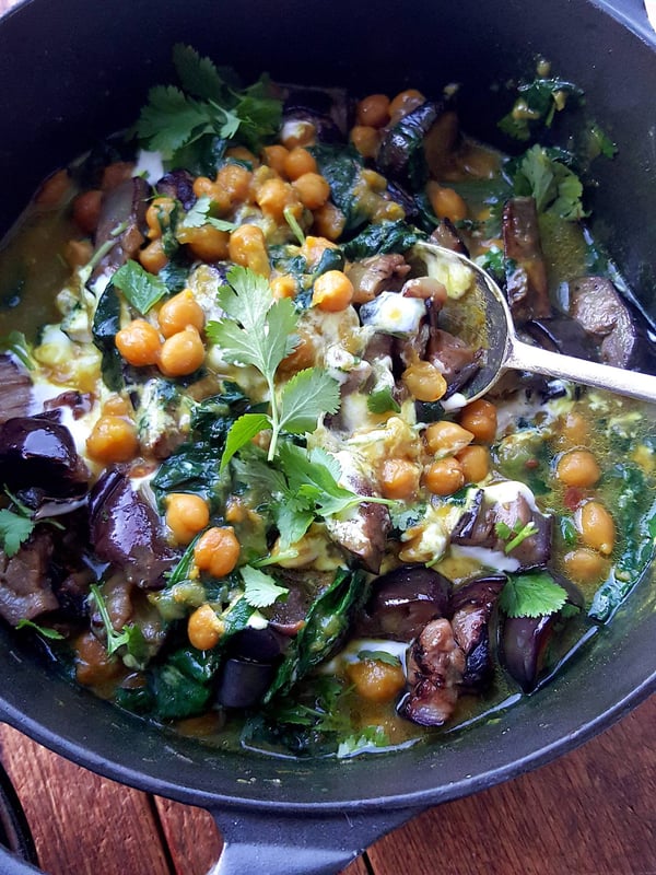 Stewed Chickpeas with Spinach & Eggplant