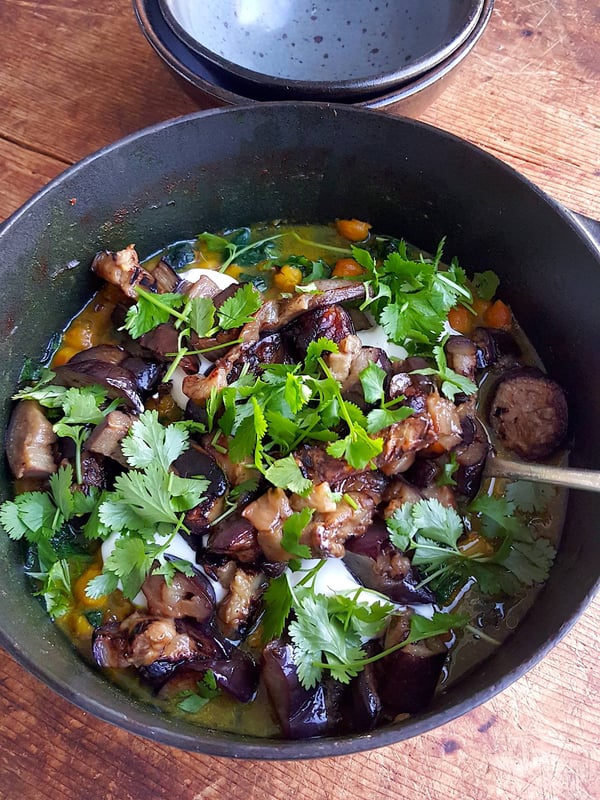 Stewed Chickpeas with Spinach & Eggplant