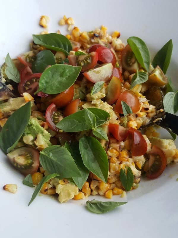Sweet Corn & Avocado Salad with rare beef.