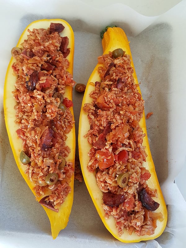Marrow Stuffed with Chorizo & Olives