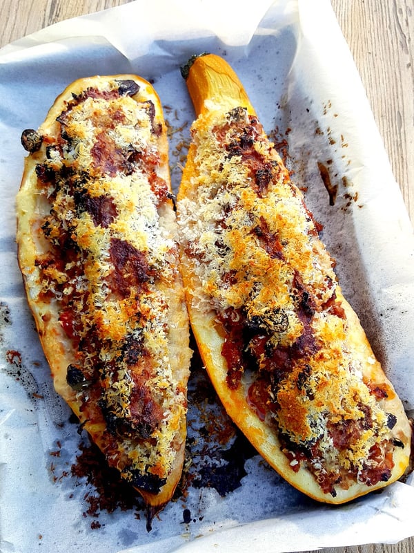 Marrow Stuffed with Chorizo & Olives