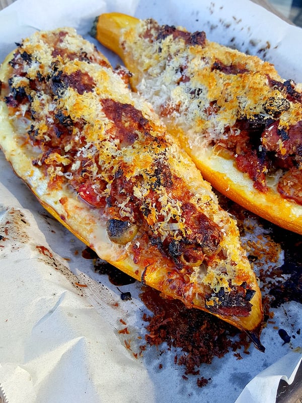 Marrow Stuffed with Chorizo & Olives