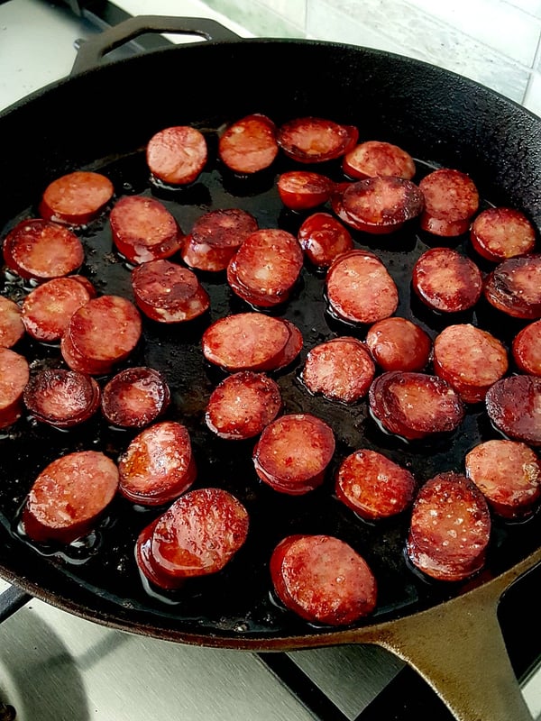 Frying chorizo.