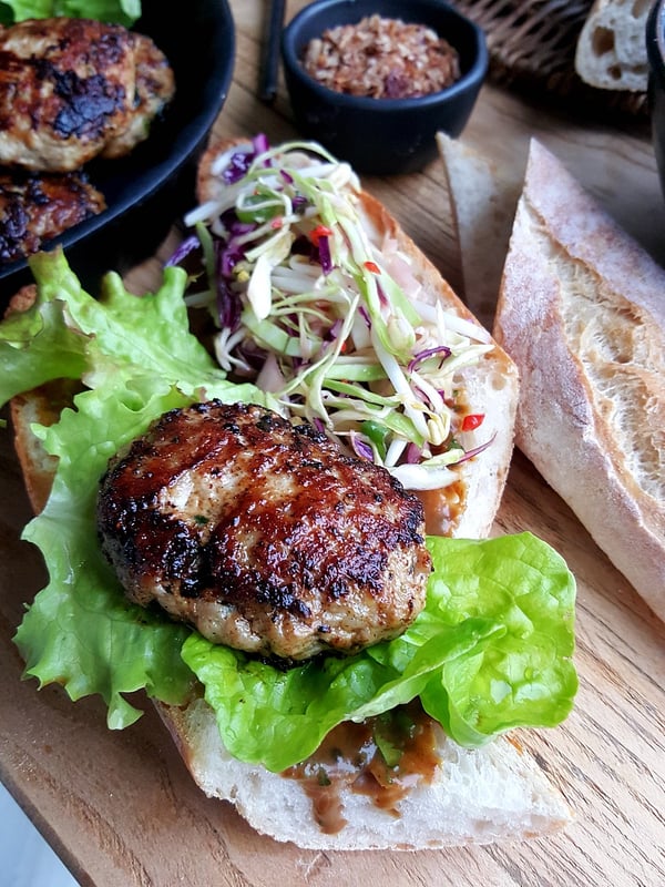 Pork Burgers with Slaw & Mango Coconut Sauce