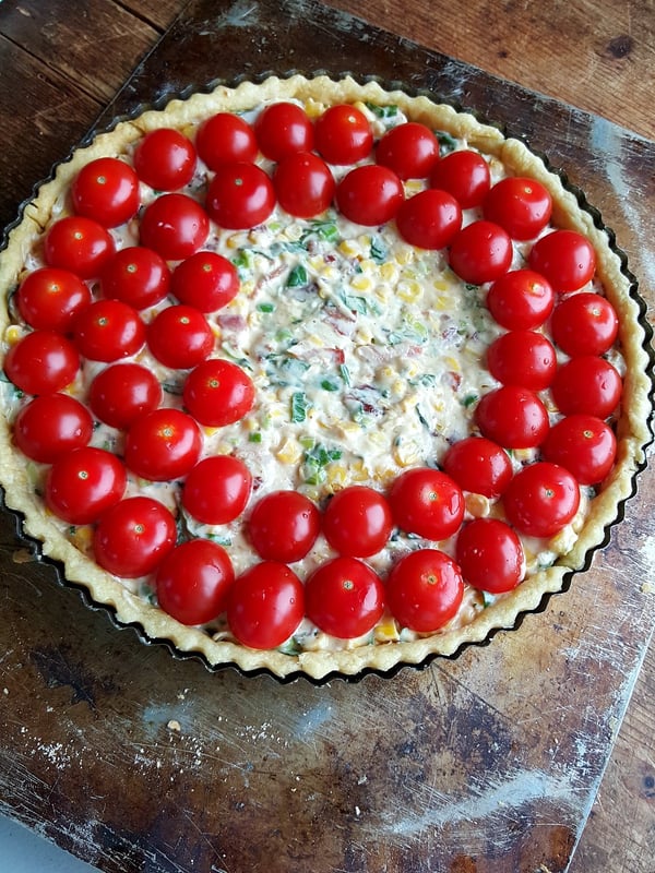 Sweet Corn, Bacon & Cherry Tomato Quiche