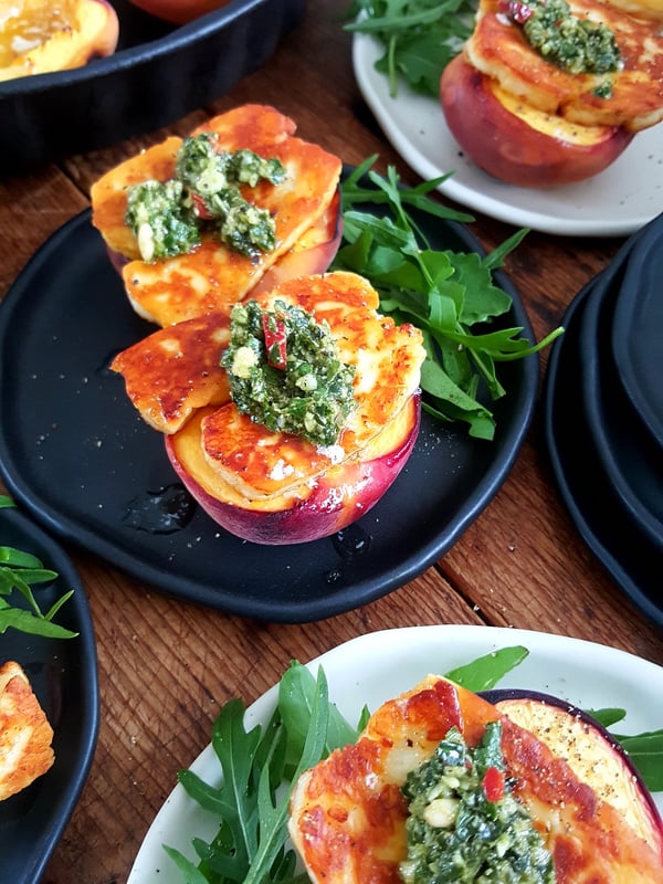 Baked Peaches & Haloumi with Basil Chilli Oil
