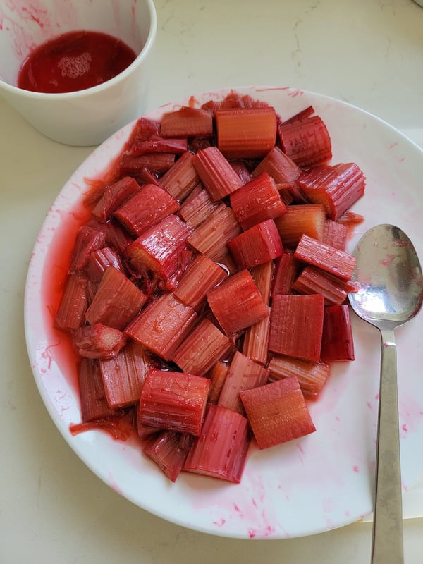 Draining rhubarb.