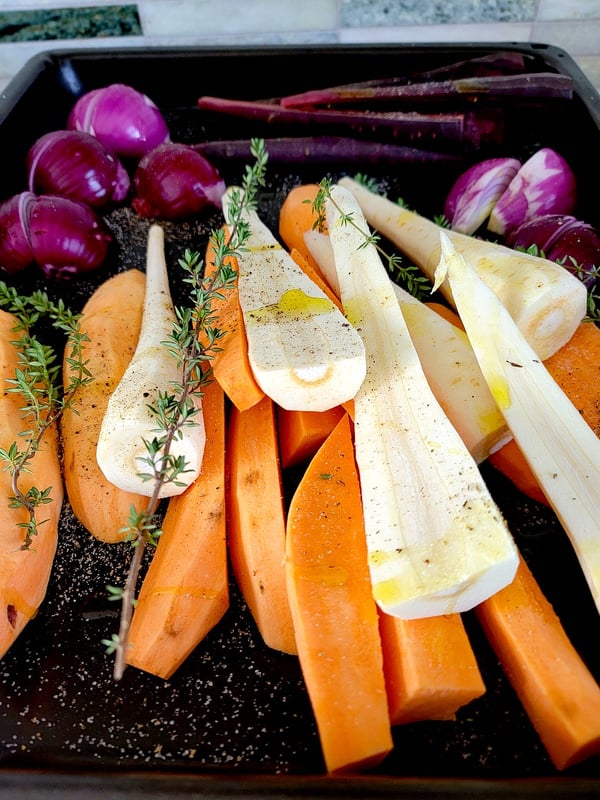 Preparing a traybake.