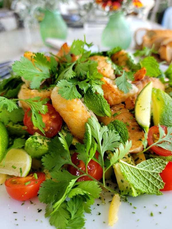 Avocado, Fried Fish & Fresh Herb Salad