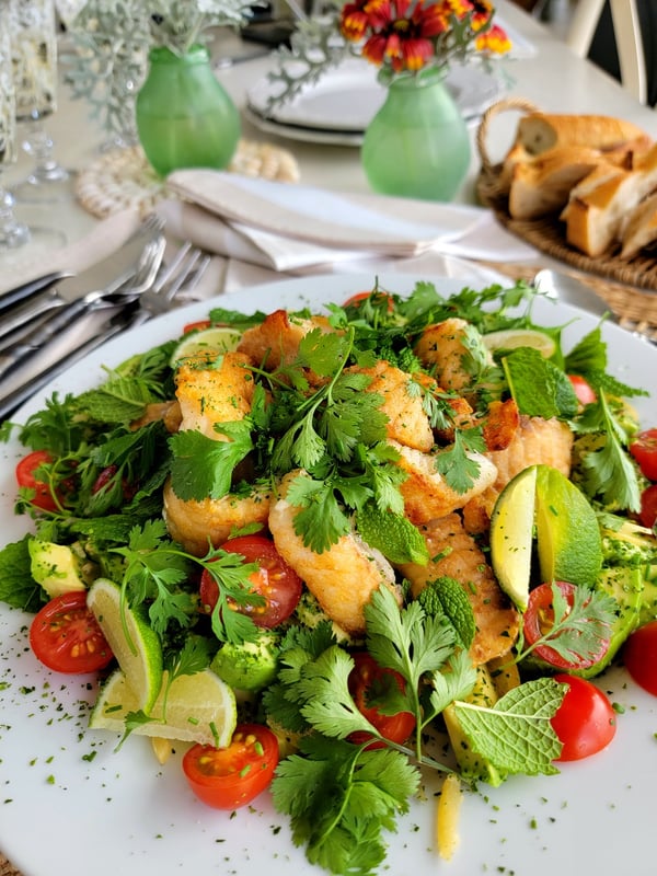 Avocado, Fried Fish & Fresh Herb Salad