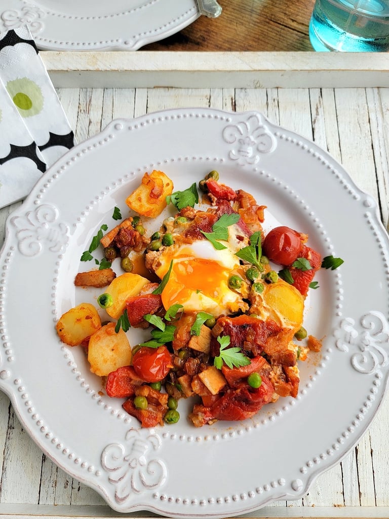 Baked Eggs with Potatoes & Peas