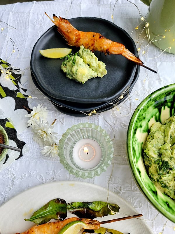 Prawns on Skewers with Green Chilli Avocado Dip