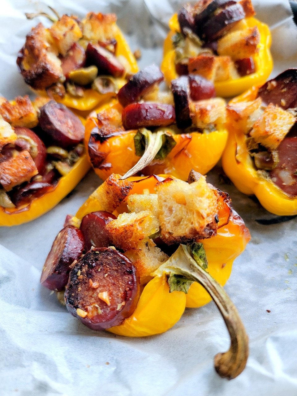 Baked Yellow Peppers with Chorizo, Olives & Oregano
