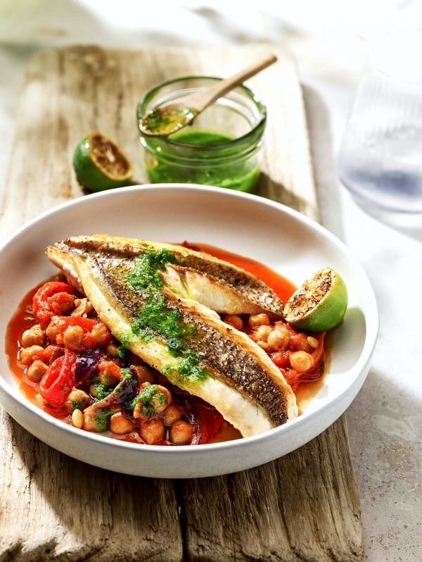 Crispy Skinned Fish with Smoky Chickpeas