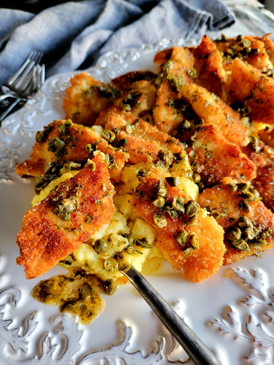 Fried Fish on Mash with Burnt Butter & Caper Dressing