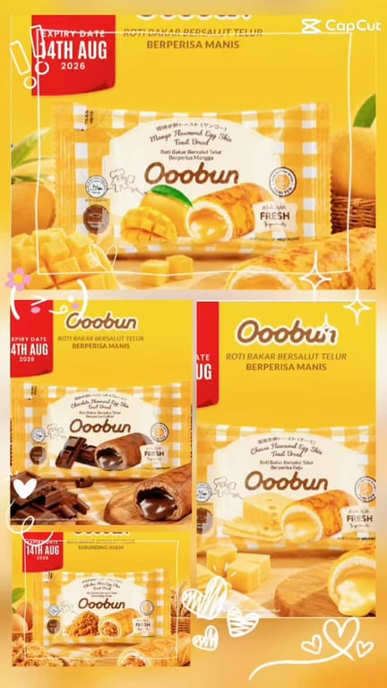 This video showcases a halal-certified eggskin toast bread set from OOOBUN, featuring assorted flavours topped with chicken floss.