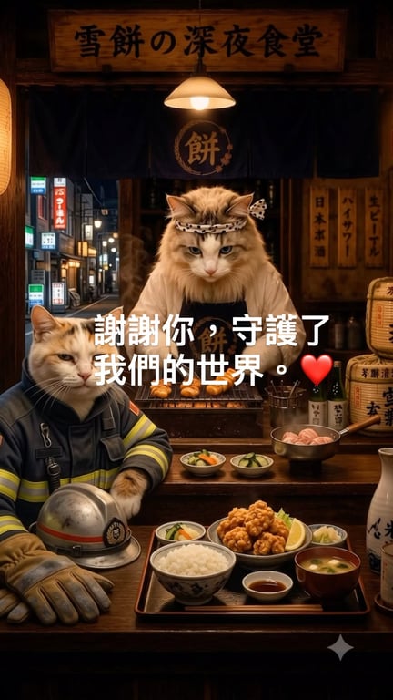 霓虹燈閃爍的東京街頭，下著綿綿細雨， 有一間專屬於深夜晚歸者的避風港。 剛結束高強度任務的消防員， 拖著疲憊的步伐走進店裡。 這裡沒有危險，沒有警報， 只有油炸鍋滋滋作響的聲音，和熱騰騰的炸雞定食。 看著牠疲憊地嘆了一口氣， 主廚默默遞上溫熱的小菜，輕聲說了句：「辛苦了。」 無論今天的你經歷了什麼， 此時此刻，都請好好溫暖自己的胃。 今天，你也辛苦了。✨