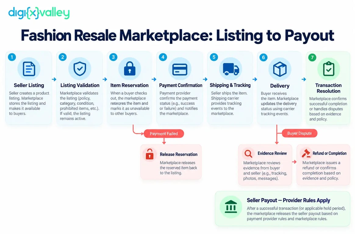 Fashion resale marketplace transaction workflow showing item reservation, payment, shipping, disputes, and seller payout.