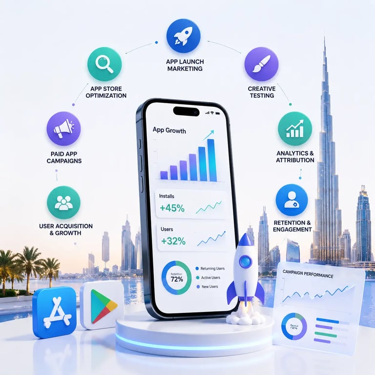 App marketing company in Dubai showing app growth analytics and user acquisition services