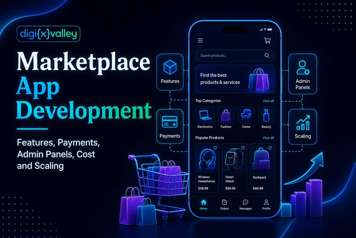 Marketplace app development interface showing ecommerce features, payments, admin panels, analytics, and scalable platform growth