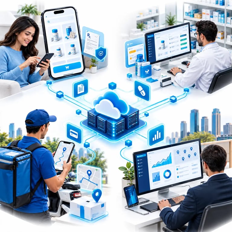 Medicine delivery platform connecting customer, pharmacy, driver and admin applications