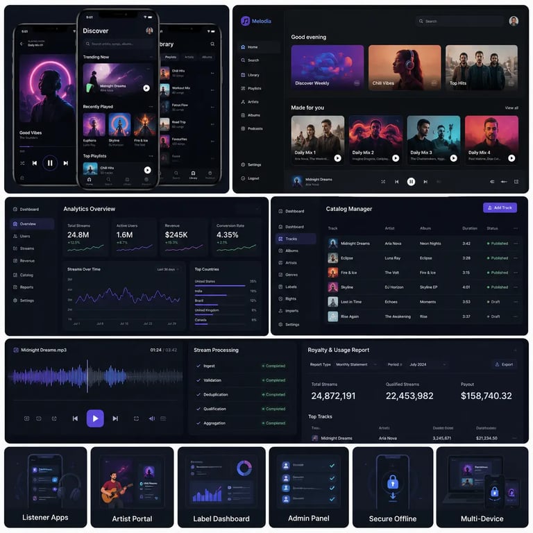 Music streaming app development case study interface showing listener app, artist portal, catalog management dashboard, analytics, royalty reporting, secure offline playback and multi-device platform.