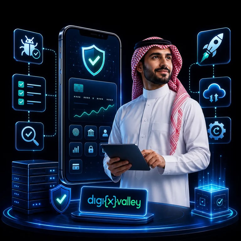Saudi businessman with fintech app testing, QA, launch, and maintenance interface by Digixvalley