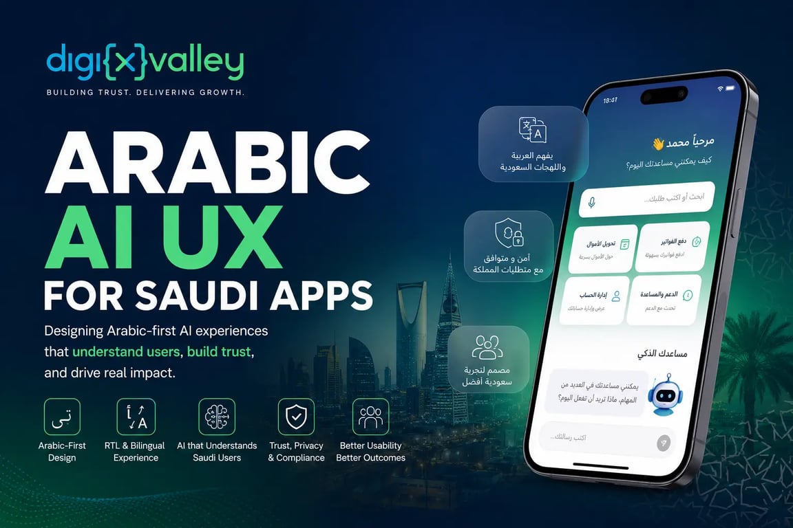 Arabic AI UX for Saudi apps showing an Arabic-first AI mobile interface with RTL design and Saudi user experience elements