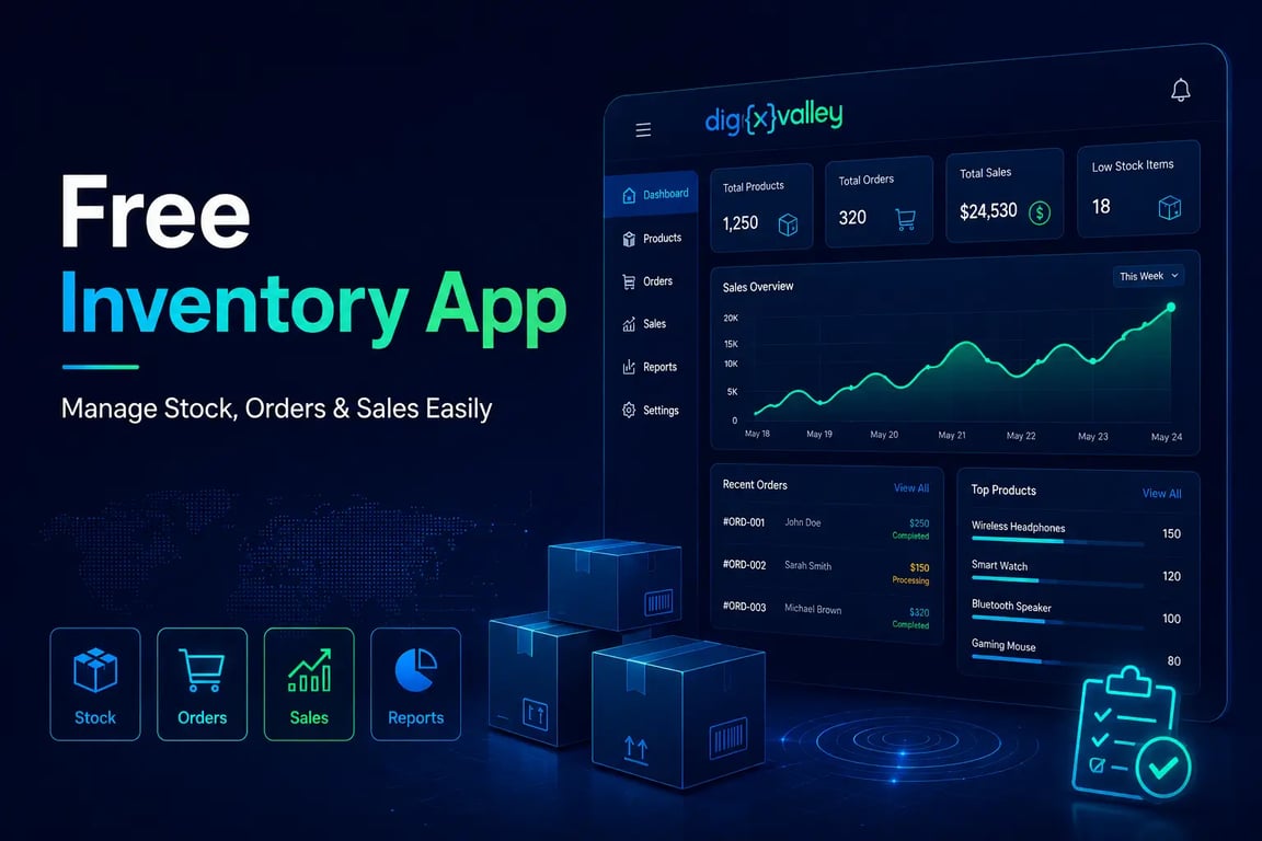 Free inventory app dashboard for managing stock orders and sales
