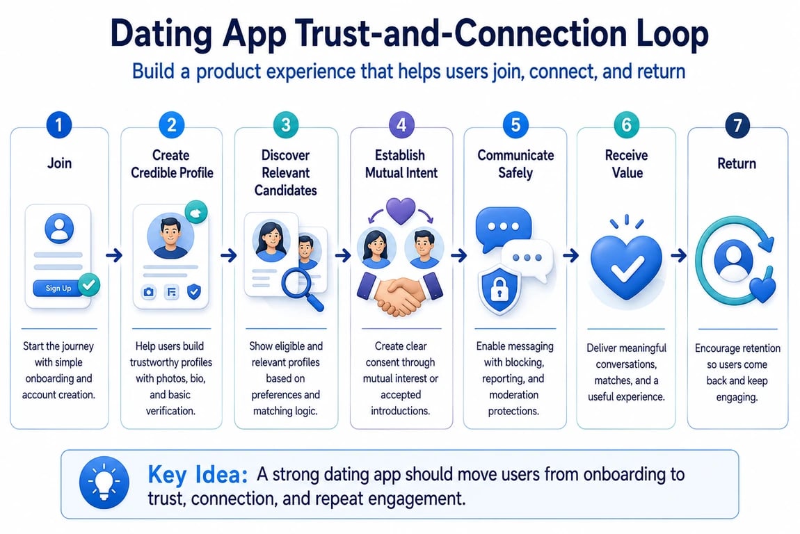 Dating app trust and connection loop from onboarding and profile creation to safe communication, value, and retention.